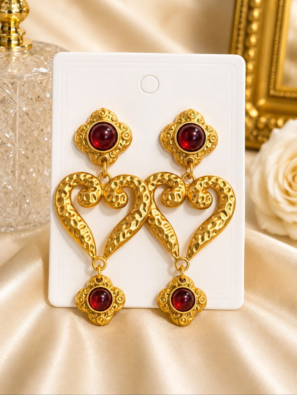 Gold Heart Drop Earrings with Red Cabochons